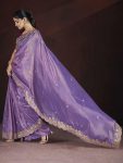4DESIGNER GOLD CRUNCHY EMBROIDERED WORK OF MULTI THREAD SEQUENCE WITH CUTWORK BORDER SAREE WITH UNSTITCHED BLOUSE FESTIVE WEAR WHOLESALE PRICE ETHNIC GARMENT(65)