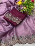 4DESIGNER GOLD CRUNCHY EMBROIDERED WORK OF MULTI THREAD SEQUENCE WITH CUTWORK BORDER SAREE WITH UNSTITCHED BLOUSE FESTIVE WEAR WHOLESALE PRICE ETHNIC GARMENT(65)