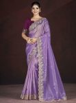 DESIGNER GOLD CRUNCHY EMBROIDERED WORK OF MULTI THREAD SEQUENCE WITH CUTWORK BORDER SAREE WITH UNSTITCHED BLOUSE LAVENDER