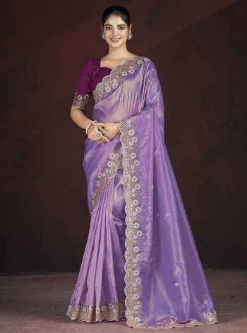 DESIGNER GOLD CRUNCHY EMBROIDERED WORK OF MULTI THREAD SEQUENCE WITH CUTWORK BORDER SAREE WITH UNSTITCHED BLOUSE LAVENDER