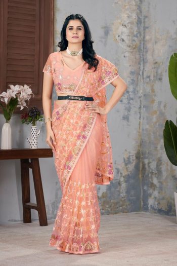 FANCY BUTTERFLY NET EMBROIDERY MULTI THREAD CHAIN STITCH WORK SAREE WITH UNSTITCHED BLOUSE PEACH