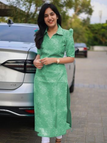 FANCY CHANDERI COTTON DIGITAL PRINTED KURTI  GREEN
