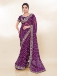 FANCY GEORGETTE DIGITAL PRINT WITH EMBROIDERY WORK LACE SAREE WITH UNSTITCHED BLOUSE  WINE