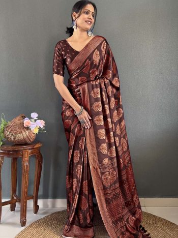 FANCY MOSS SILK DIGITAL PRINTED READY TO WEAR SAREE WITH UNSTITCHED BLOUSE  BROWN