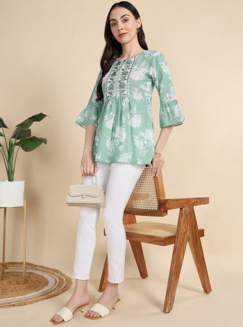 LATEST COTTON DIGITAL PRINTED WITH EMBROIDERY WORK TOP SEA GREEN