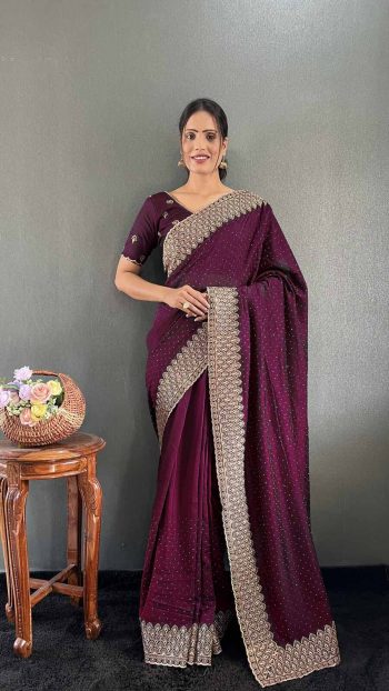 LATEST VICHITRA SILK ZARI WITH STONE AND CUT WORK BORDER READY TO WEAR SAREE WITH UNSTITCHED BLOUSE WINE