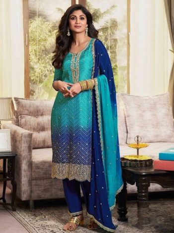 NEW ARRIVAL CHINON SILK EMBROIDERY SEQUENCE WITH DIGITAL PINT WORK TOP BOTTOM WITH DUPATTA  BLUE
