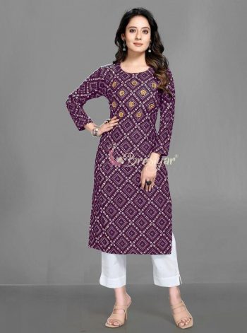 NEW ARRIVAL RAYON BANDHANI PRINTED KURTI  WINE