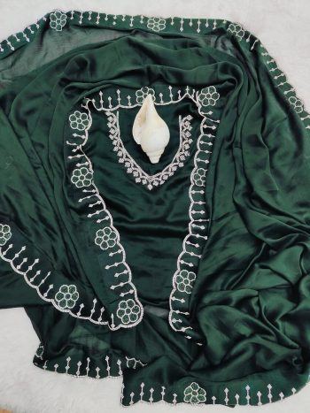 NEW ARRIVAL SATIN CHIFFON ZARKHAN AND MOTI FLOWERS BORDER WORK SAREE WITH UNSTITCHED BLOUSE GREEN