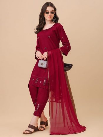 RICH LOOK RAYON PAPER MIRROR WORK TOP BOTTOM WITH DUPATTA  RED