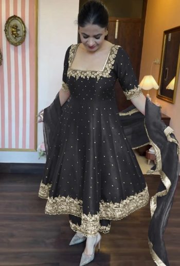 TRENDING VICHITRA SILK EMBROIDERY SEQUENCE WORK GOWN BOTTOM WITH DUPATTA  BLACK