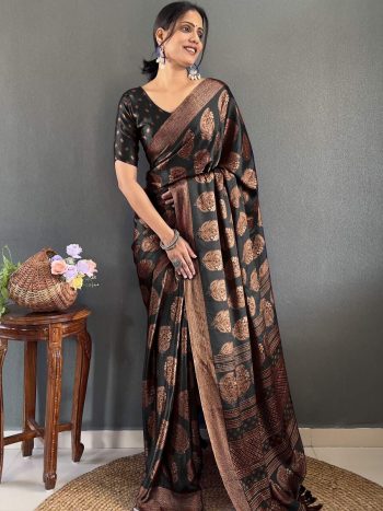 FANCY MOSS SILK DIGITAL PRINTED READY TO WEAR SAREE WITH UNSTITCHED BLOUSE BLACK