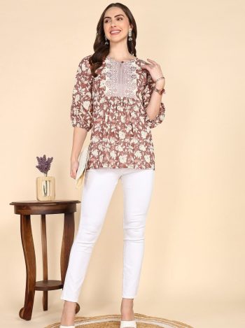 LATEST COTTON DIGITAL PRINTED WITH EMBROIDERY WORK TOP  BROWN
