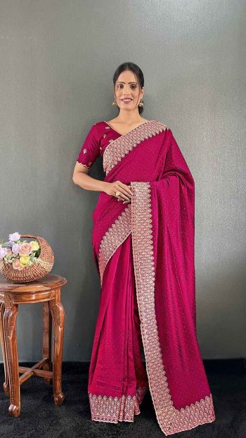 LATEST VICHITRA SILK ZARI WITH STONE AND CUT WORK BORDER READY TO WEAR SAREE WITH UNSTITCHED BLOUSE RANI
