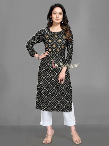 NEW ARRIVAL RAYON BANDHANI PRINTED KURTI  BLACK