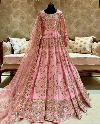 ATTRACTIVE CHINON EMBROIDERY SEQUENCE WORK GOWN BOTTOM WITH DUPATTA BABYPINK