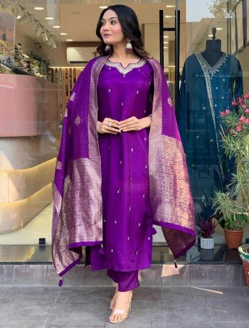 DESIGNER BANANA SILK ZARI AND JACQUARD WORK WITH LINING WORK TOP BOTTOM WITH DUPATTA PURPLE