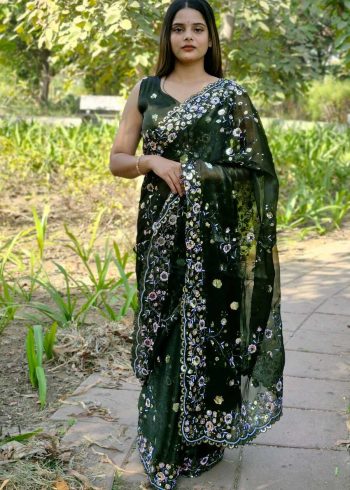 DESIGNER BURBERRY SILK EMBROIDERY DUBLE SEQUENCE CONTRAST PALLU WORK SAREE WITH UNSTITCHED BLOUSE GREEN
