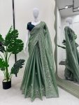 DESIGNER BURBERRY SILK THREAD WITH SEQUENCE WORK SAREE WITH UNSTITCHED BLOUSE GREEN
