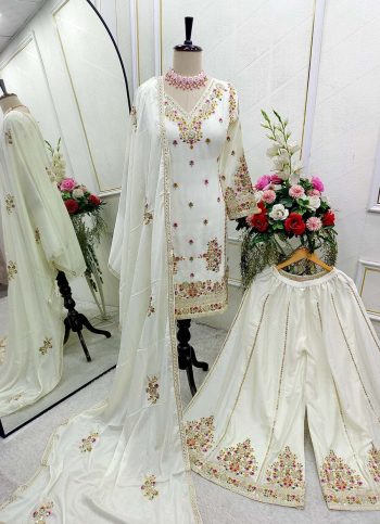 DESIGNER CHINON EMBROIDERY CODING SEQUENCE WORK TOP PALAZZO WITH DUPATTA WHITE
