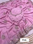 DESIGNER CHINON EMBROIDERY MULTI ZARI AND ARC WORK SAREE WITH UNSTITCHED BLOUSE PINK