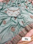 DESIGNER CHINON EMBROIDERY MULTI ZARI AND ARC WORK SAREE WITH UNSTITCHED BLOUSE SKY