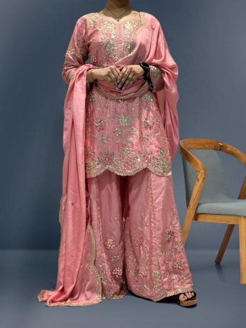 DESIGNER CHINON EMBROIDERY SEQUENCE THREAD WORK TOP PALAZZO WITH DUPATTA BABY PINK