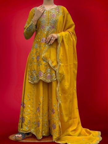 DESIGNER CHINON EMBROIDERY SEQUENCE THREAD WORK TOP PALAZZO WITH DUPATTA YELLOW