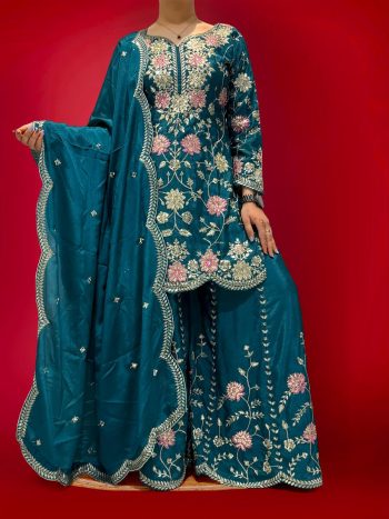 DESIGNER CHINON EMBROIDERY SEQUENCE THREAD WORK TOP PALAZZO WITH DUPATTA RAMA