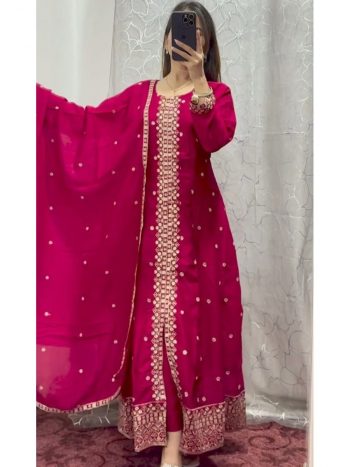 DESIGNER CHINON EMBROIDERY SEQUENCE WORK TOP BOTTOM WITH DUPATTA  RANI
