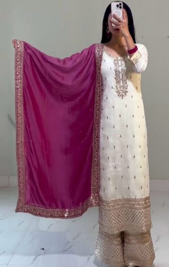 DESIGNER CHINON EMBROIDERY SEQUENCE WORK TOP PALAZZO WITH DUPATTA RANI