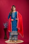 DESIGNER CHINON EMBROIDERY SEQUENCE WORK TOP PALAZZO WITH DUPATTA BLUE