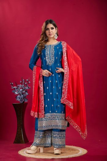 DESIGNER CHINON EMBROIDERY SEQUENCE WORK TOP PALAZZO WITH DUPATTA BLUE