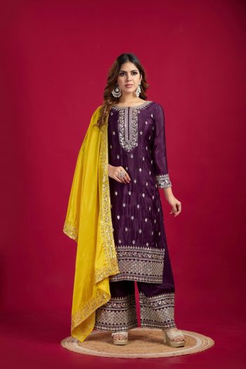 DESIGNER CHINON EMBROIDERY SEQUENCE WORK TOP PALAZZO WITH DUPATTA WINE