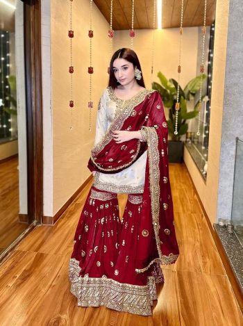 DESIGNER CHINON  EMBROIDERY SEQUENCE WORK TOP SHARARA WITH DUPATTA MAROON