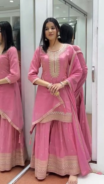 DESIGNER CHINON EMBROIDERY SEQUENCE WORK TOP SHARARA WITH DUPATTA PINK