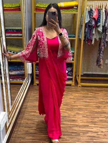 DESIGNER CHINON PLAIN READY TO WEAR SAREE WITH STITCHED BLOUSE AND EMBROIDERY WITH FANCY LACE WORK KOTI  RANI