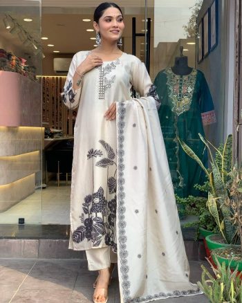 DESIGNER CHINON SILK DIGITAL PRINTED TOP BOTTOM WITH DUPATTA OFF WHITE
