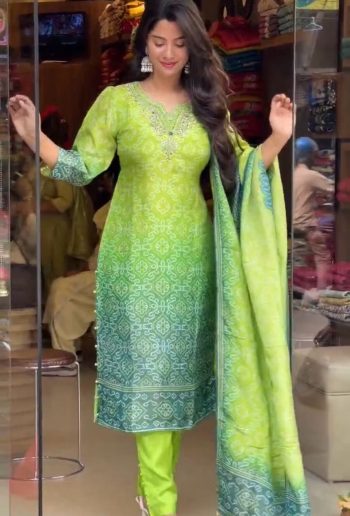 DESIGNER CHINON SILK DIGITAL PRINTED WITH EMBROIDERY AND PERAL STONE WORK TOP BOTTOM WITH DUPATTA  PARROT GREEN