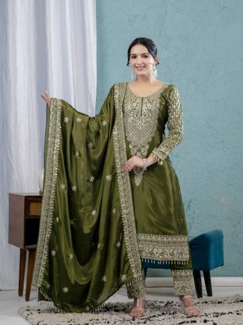 DESIGNER CHINON SILK EMBROIDERY CODING SEQUENCE WORK TOP BOTTOM WITH DUPATTA MEHNDI
