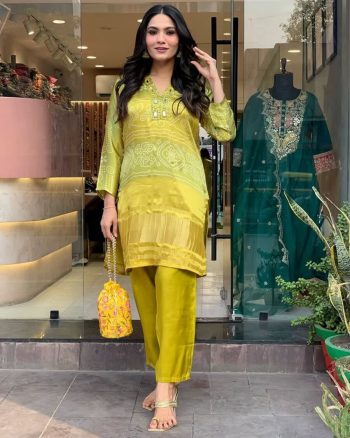 DESIGNER CHINON SILK EMBROIDERY MIRROR HAND WORK CO-ORD SET MEHNDI