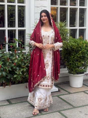 DESIGNER CHINON SILK EMBROIDERY SEQUENCE WORK TOP PALAZZO WITH DUPATTA WHITE
