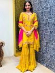 DESIGNER CHINON SILK EMBROIDERY SEQUENCE WORK TOP SHARARA WITH DUPATTA YELLOW