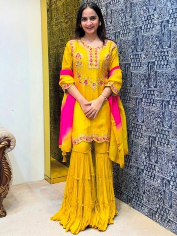 DESIGNER CHINON SILK EMBROIDERY SEQUENCE WORK TOP SHARARA WITH DUPATTA YELLOW