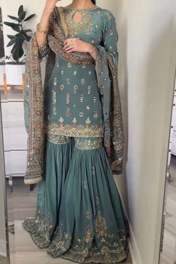 DESIGNER FAUX GEORGETTE 5 MM EMBROIDERY SEQUENCE WORK TOP SHARARA WITH DUPATTA  RAMA