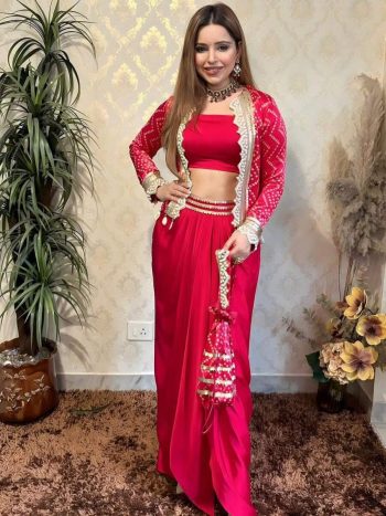 DESIGNER FRENCH CRAPE TUBE BLOUSE DRAPED SKIRT WITH EMBROIDERY AND MOTI WORK KOTI RED