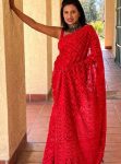 DESIGNER GEORGETTE CHIKANKARI WORK AND PIPING LACE BORDER SAREE WITH UNSTITCHED BLOUSE RED