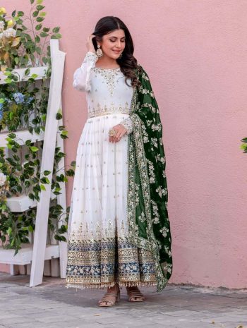 DESIGNER GEORGETTE EMBROIDERY SEQUENCE WITH FANCY LATKAN BORDER LACE WORK GOWN BOTTOM WITH DUPATTA GREEN