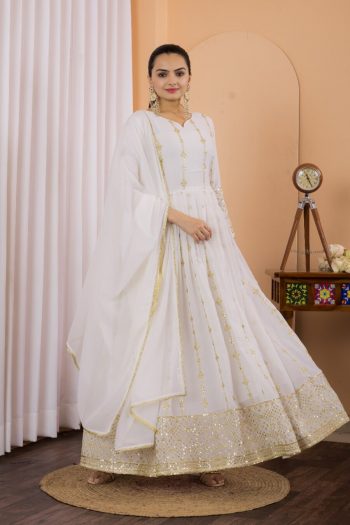 DESIGNER GEORGETTE EMBROIDERY SEQUENCE WORK  GOWN BOTTOM WITH DUPATTA WHITE