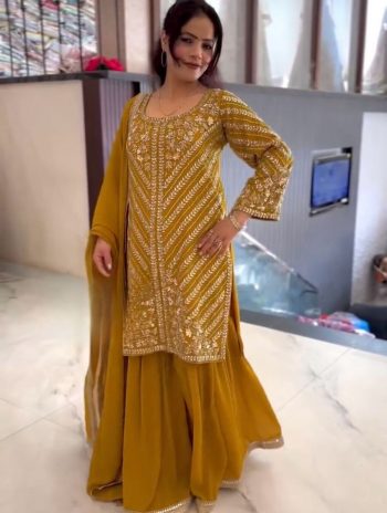DESIGNER GEORGETTE EMBROIDERY SEQUENCE WORK TOP SHARARA WITH DUPATTA  YELLOW